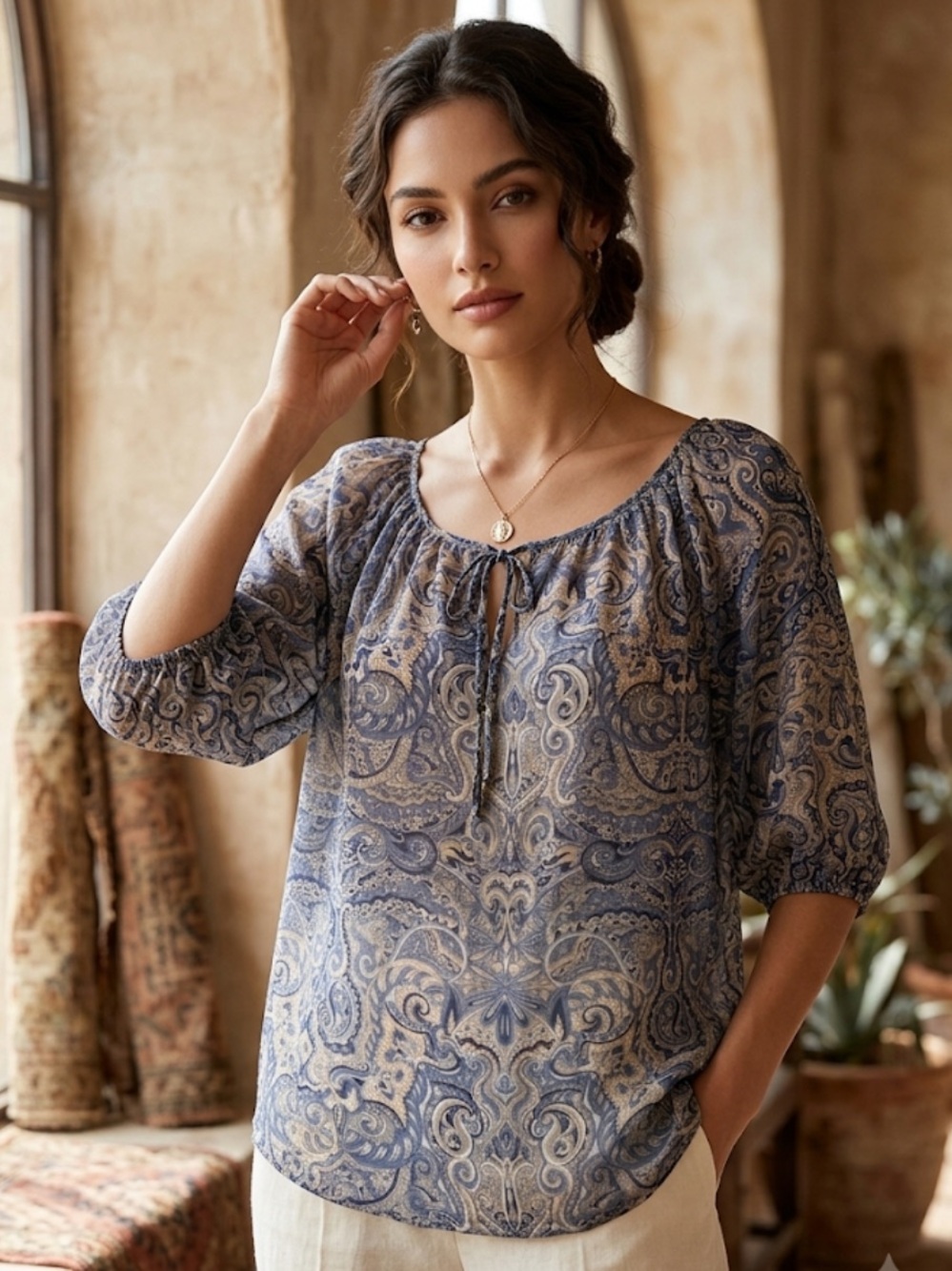 WinterSilks Navy and Beige Paisley Peasant Blouse